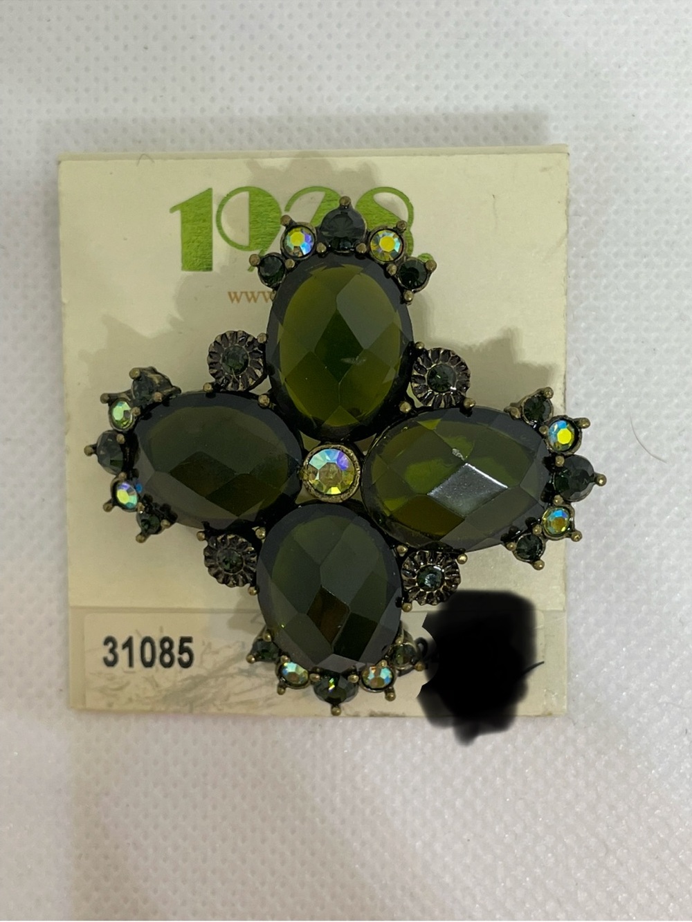1928 Retired Olive Green Faceted Crystal Cross Brooch with Aurora Accents